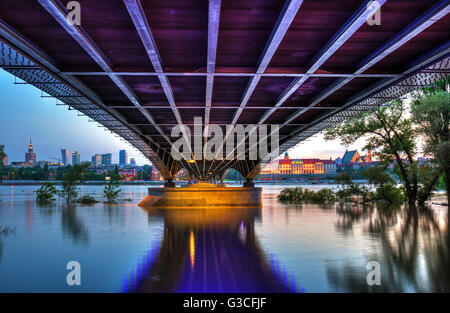 Vue depuis le pont en acier à Varsovie au crépuscule. Pont Slasko-Dabrowski Banque D'Images