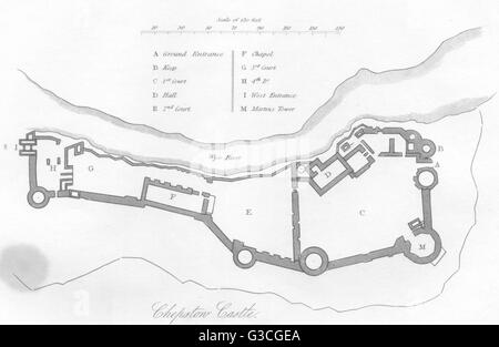 Pays de Galles : le château de Chepstow. DUGDALE, antique print 1845 Banque D'Images