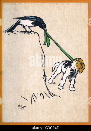 Illustration par Cecil Aldin, Champ des bébés. Pippin le chiot est bouleversé lorsque Mistress Pie astique son ruban vert à partir de autour de son cou. Date : 1910 Banque D'Images