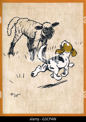 Illustration par Cecil Aldin, Champ des bébés. Pippin le chiot répond à un agneau qui semble être un idéal compagnon de jeux. Date : 1910 Banque D'Images