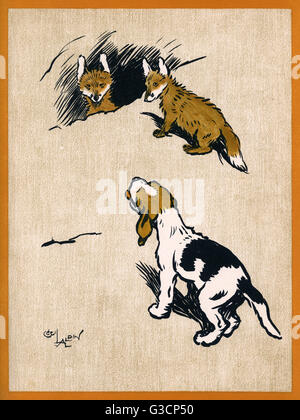 Illustration par Cecil Aldin, Champ des bébés. Pippin le chiot se fait des amis avec deux fox cubs. Date : 1910 Banque D'Images