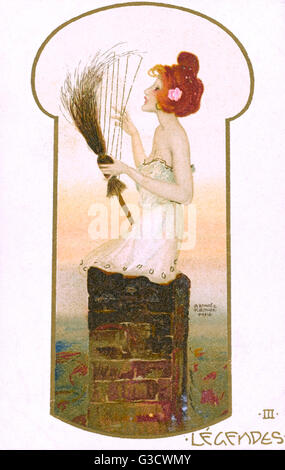 Raphael Kirchner - jolie dame sur un Chimney avec une harpe à balai Banque D'Images