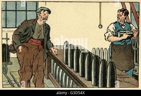 Caricature, hommes dans l'usine de munitions, WW1 Banque D'Images