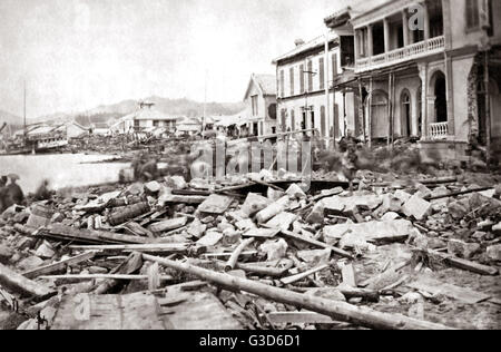 Dégâts causés par la tempête du typhon sur le Bund, Kobe, Japon, 1871 Banque D'Images
