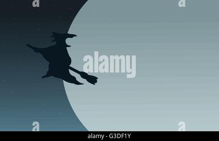 Silhouette de sorcière volant dans lune Illustration de Vecteur