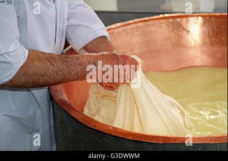 Senior expert fromager collecte le fromage avec la toile de la grande vasque en cuivre rempli de lait et lactosérum Banque D'Images