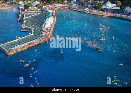 Les nageurs prêt à démarrer de l'Ironman Triathlon World Championship, Kailua-Kona, Île d'Hawaii, Hawaii, USA Banque D'Images