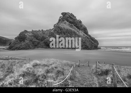 Image en noir et blanc de Lions rock sur Piha beach Nouvelle Zélande Banque D'Images