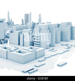 Paysage urbain contemporain abstrait dans les tons bleus, 3d illustration isolé sur fond blanc avec des réflexions sur des surfaces brillantes groun Banque D'Images