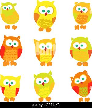 Jeu de cute cartoon hiboux isolé sur fond blanc. Illustration de Vecteur