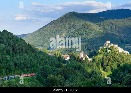 Chemin de fer du Semmering avec train, hameau de Sigmund-thun Klamm, ruines du château, l'église paroissiale St . Martin, l'Autriche, Niederösterreich, Autriche Banque D'Images