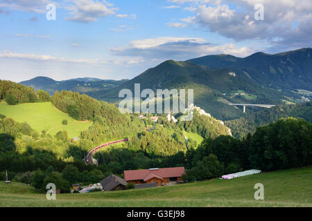 Chemin de fer du Semmering avec train, hameau de Sigmund-thun Klamm, ruines du château, l'église paroissiale St . Martin, l'Autriche, Niederösterreich, Autriche Banque D'Images