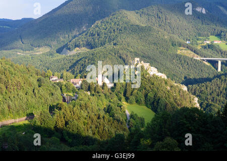 Chemin de fer du Semmering avec train, hameau de Sigmund-thun Klamm, ruines du château, l'église paroissiale St . Martin, l'Autriche, Niederösterreich, Autriche Banque D'Images