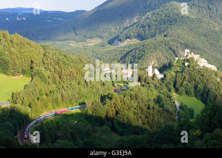 Chemin de fer du Semmering avec train, hameau de Sigmund-thun Klamm, ruines du château, l'église paroissiale St . Martin, l'Autriche, Niederösterreich, Autriche Banque D'Images