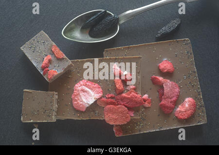 Selbstgemachte Schokolade mit Erdbeeren Tonkabohnen lyophilisierten und. Avec des fraises au chocolat maison lyophilisée. Banque D'Images