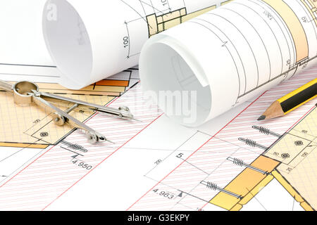 Projet d'architecture, dessin technique, plan directeur plan sur rouleaux Banque D'Images