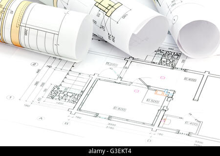 Plan d'architecture, plans et dessins techniques du projet à rouleaux Banque D'Images