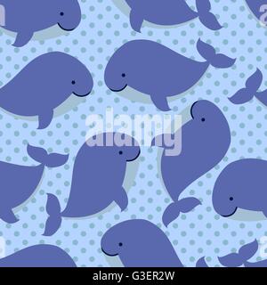 Modèle sans couture avec cute cartoon shoal baleines sur fond bleu. Illustration de Vecteur