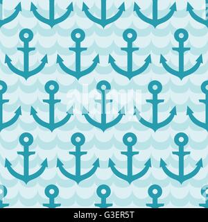 Modèle sans couture avec ancre sur fond blue wave. Illustration de Vecteur
