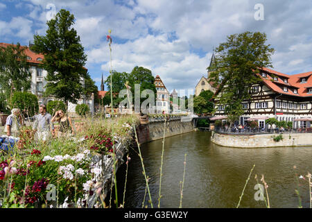 Rossneckar flux avec l'ancienne menuiserie et la ville Eglise Saint Dionys, l'Allemagne, le Bade-Wurtemberg, la région de Stuttgart, Esslingen Banque D'Images