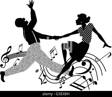 Afro-américain couple dancing swing ou rock and roll, noir et blanc Illustration de Vecteur