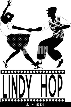 Jeune couple habillé en fin des années 40 vêtements de style de la danse lindy hop, silhouette vecteur noir, pas de blanc Illustration de Vecteur