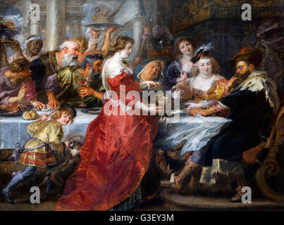 La fête d'Hérode par Sir Peter Paul Rubens (1577-1640), huile sur toile, 1635-1638. Salomé présente Saint Jean-Baptiste à la tête de roi Hérode, Hérodias, comme à sa droite, la langue de Jean-baptiste prods avec une fourchette.