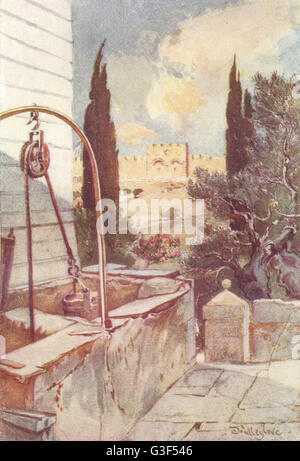 Jérusalem : Golden Gate magnifique jardin de Gethsémané, antique print 1902 Banque D'Images