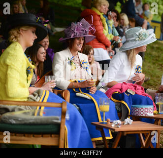 Hawick, Ecosse, Royaume-Uni. 10 juin 2016. Équitation 2016 commun à Hawick. En dehors de 'la cabane' alors que leurs hommes sont à l'intérieur de l'Mesdames profiter de leurs propres boissons. Commune Hawick circonscription est le premier des événements à la frontière chaque année, elle célèbre la capture d'un drapeau anglais à partir d'un groupe d'attaque en 1514 par la jeunesse de Wasilla à Hornshole et l'ancienne tradition de l'équitation les marches ou frontières de la terre commune. Troy : crédit GO Images/Alamy Live News Banque D'Images