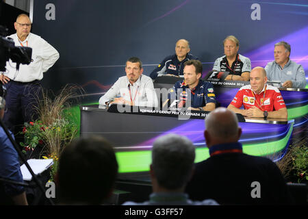 Montréal, Canada. 10 Juin, 2016. Grand Prix de F1 du Canada, pratique libre. Jock Clear &# x2013 ; Senior Ingénieur Performance Scuderia Ferrari, Robert Fernley &# x2013 ; Sahara Force India Team Principal Adjoint, Christian Horner &# x2013, Team Principal de Red Bull Racing, Dave Ryan &# x2013 ; Manor Racing, Course Director, Guenther Steiner &# x2013 ; Haas Directeur principal de l'équipe F1 Team et Franz Tost &# x2013 ; Team Principal © Scuderia Toro Rosso Plus Sport Action/Alamy Live News Banque D'Images