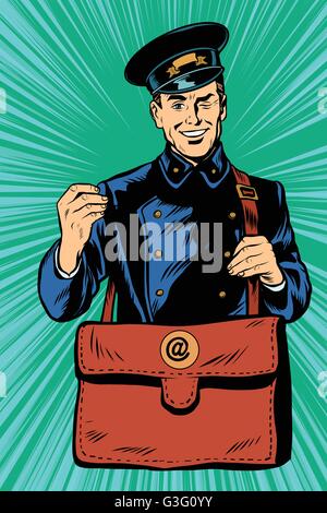 Friendly retro postman en uniforme bleu avec sac Illustration de Vecteur