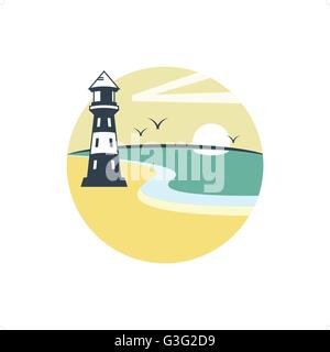 La plage et le phare de jour d'été sur vector illustration isolé sur fond blanc. Illustration de Vecteur
