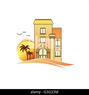 Apertments immobilier à louer avec palmier et d'oiseaux sur le paysage vector illustration isolé en fond blanc. Illustration de Vecteur