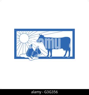L'élevage l'agriculture bovins laitiers avec du lait et du soleil à l'intérieur de cadre bleu vector illustration isolé sur fond blanc. Illustration de Vecteur