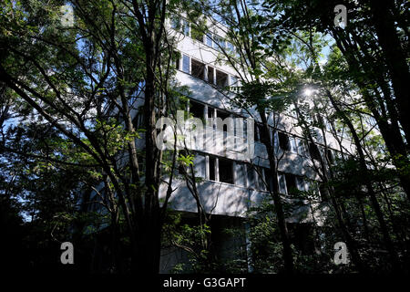 Tchernobyl, l'UKRAINE, 4 juin 2016. Un bâtiment abandonné dans la ville fantôme de Pripyat située près de la frontière avec la Biélorussie qui a été évacuée en 3 heures, peu après l'accident nucléaire de Tchernobyl en Ukraine. 04 juin 2016. L'accident de Tchernobyl a eu lieu le 26 avril 1986 à la centrale nucléaire de Tchernobyl, dans la ville de Pripyat et a été le pire accident nucléaire de l'histoire en termes de coûts et de pertes. Banque D'Images