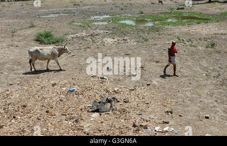 Allahabad, Inde. 22 avr, 2016. Un agriculteur indien marche à travers le lit d'un étang construit sous un gouvernement indien d'un système qui a séché pendant une crise de l'eau dans Shankargarh à près d'Allahabad, environ 330 millions de personnes souffrent de la sécheresse en Inde, le gouvernement a déclaré, comme le pays moulins de graves pénuries d'eau et agriculteurs désespérément pauvres souffrent de pertes de récolte. © Prabhat Kumar Verma/Pacific Press/Alamy Live News Banque D'Images
