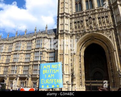 Une plaque-étiquette pro-UE tenue en altitude à l'extérieur du Parlement. Banque D'Images