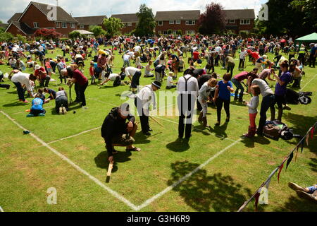 Willaston, Nantwich, Cheshire, Royaume-Uni. 25th juin 2016. 37th Championnat du monde de charme de Worm. L'événement a commencé dans le village en 1980. Les concurrents qui travaillent sur le gazon avec des fourches de jardin pendant 30 minutes pour faire passer le plus de vers à la surface Banque D'Images