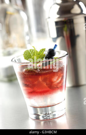 Blueberry cocktail, préparé avec du citron, de lime, de bleuets et de vodka et décoré de feuilles de menthe. Banque D'Images