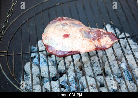 Un morceau de viande crue sur un grill Banque D'Images