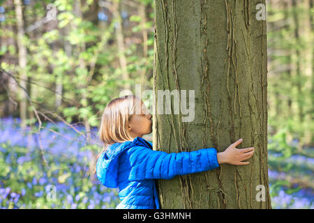 Girl kissing arbre en forêt, bluebell Hallerbos, Bruxelles, Belgique Banque D'Images