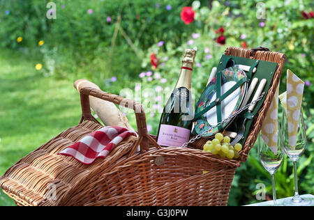 English sparkling Rose bouteille de vin et panier pique-nique en osier à sunny jardin fleuri situation Banque D'Images