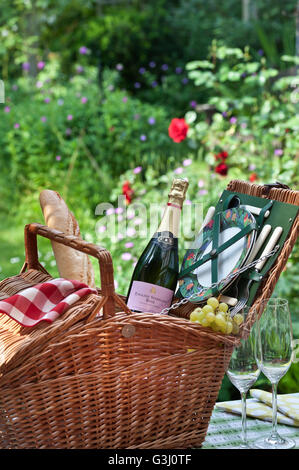 Bouteille de vin rosé mousseux anglais et panier pique-nique en osier avec baguette raisins aux fruits dans un jardin fleuri ensoleillé Banque D'Images