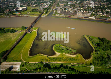 Vue aérienne, a inondé le Parc du Rhin à Hochemmerich en Rheinhausen, inondation, Duisburg, la Ruhr, Rhénanie du Nord-Westphalie, Allemagne, Banque D'Images