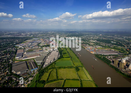 Vue aérienne, Logport à Rheinhausen am Rhein avec terminal à conteneurs et des crues du Rhin, de la Ruhr, Duisburg, Banque D'Images