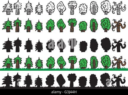 Doodle arbres feuille avec contours, coloré, silhouette et deux couches logiques Illustration de Vecteur