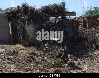 Lahore, Pakistan. Apr 25, 2016. Les enfants pakistanais jouant leur maison des taudis à la veille de la journée mondiale de lutte contre le paludisme dans la région de Lahore. La Journée mondiale de lutte contre le paludisme (ADM) est une célébration internationale célébrée tous les ans et reconnaît les efforts mondiaux pour lutter contre le paludisme. À l'échelle mondiale, 3,3 milliard de personnes dans 106 pays sont à risque de paludisme. En 2012, le paludisme a causé une estimation de 627 000 décès, la plupart chez des enfants africains. En Asie, en Amérique latine et, dans une moindre mesure, le Moyen-Orient et certaines parties de l'Europe sont également touchés. © Rana Sajid Hussain/Pacific Press/Alamy Live News Banque D'Images