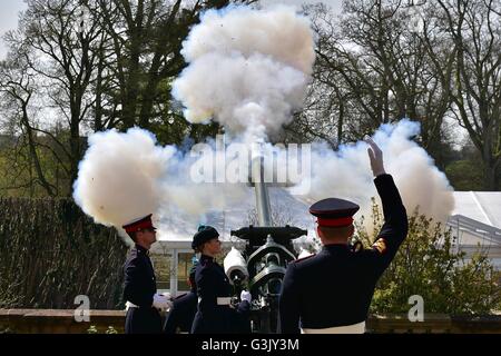 Hillsborough, Royaume-Uni. Apr 21, 2016. Une salve de 21 a eu lieu dans l'enceinte de la résidence de la Reine d'Irlande, Magazinez Hillsborough Castle pour marquer le 90e anniversaire de Sa Majesté © Mark Winter/Pacific Press/Alamy Live News Banque D'Images