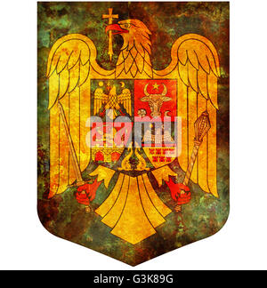 Vieux isolated over White Coat of Arms de Roumanie Banque D'Images