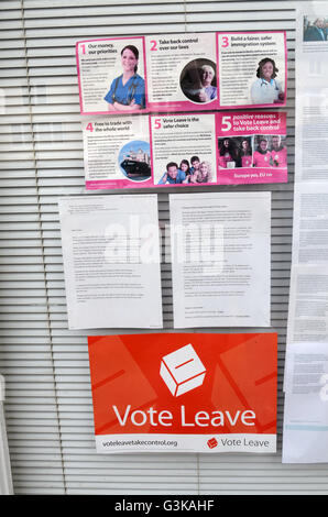 Voter Laisser des affiches en vitrine, Eye, Suffolk Mai 2016 - L'adhésion à l'organisation d'un référendum Banque D'Images